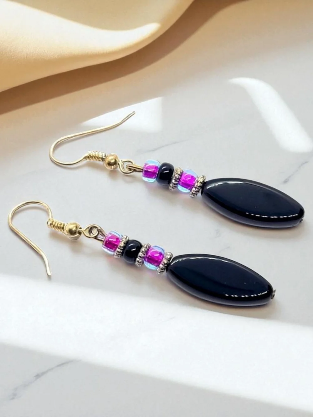 Vintage Gold Hook Black and Purple-Pink Bead Drop Earrings
